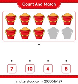 Count and match, count the number of Sand Bucket and match with the right numbers. Educational children game, printable worksheet, vector illustration