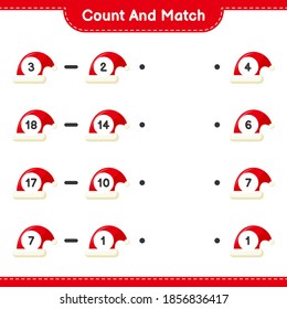 Count and match, count the number of Santa Hat and match with right numbers. Educational children game, printable worksheet, vector illustration