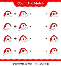 Contar y coincidir, contar el número de Santa Hat y coincidir con los números correctos. Juego infantil educativo, hoja de cálculo imprimible, ilustración vectorial