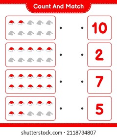 Count and match, count the number of Santa Hat and match with the right numbers. Educational children game, printable worksheet, vector illustration