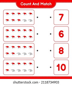 Count and match, count the number of Santa Hat and match with the right numbers. Educational children game, printable worksheet, vector illustration