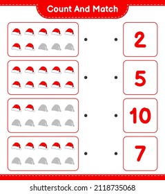 Count and match, count the number of Santa Hat and match with the right numbers. Educational children game, printable worksheet, vector illustration