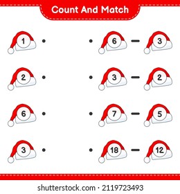 Count and match, count the number of Santa Hat and match with the right numbers. Educational children game, printable worksheet, vector illustration