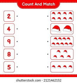 Contar y coincidir, contar el número de Santa Hat y coincidir con los números correctos. Juego infantil educativo, hoja de cálculo imprimible, ilustración vectorial