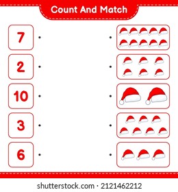 Count and match, count the number of Santa Hat and match with the right numbers. Educational children game, printable worksheet, vector illustration