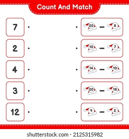 Count and match, count the number of Santa Hat and match with the right numbers. Educational children game, printable worksheet, vector illustration