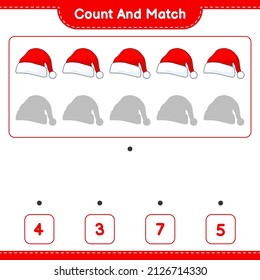 Count and match, count the number of Santa Hat and match with the right numbers. Educational children game, printable worksheet, vector illustration