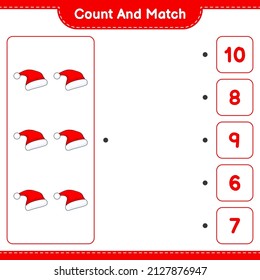 Count and match, count the number of Santa Hat and match with the right numbers. Educational children game, printable worksheet, vector illustration