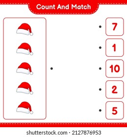 Count and match, count the number of Santa Hat and match with the right numbers. Educational children game, printable worksheet, vector illustration