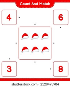 Count and match, count the number of Santa Hat and match with the right numbers. Educational children game, printable worksheet, vector illustration