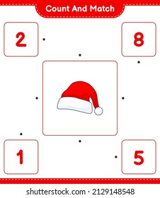 Count and match, count the number of Santa Hat and match with the right numbers. Educational children game, printable worksheet, vector illustration