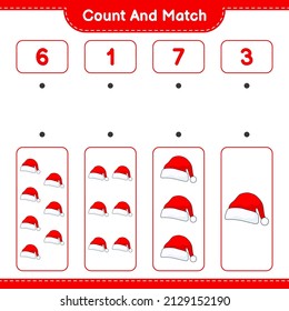 Count and match, count the number of Santa Hat and match with the right numbers. Educational children game, printable worksheet, vector illustration