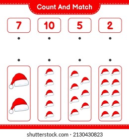 Count and match, count the number of Santa Hat and match with the right numbers. Educational children game, printable worksheet, vector illustration