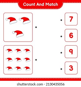 Count and match, count the number of Santa Hat and match with the right numbers. Educational children game, printable worksheet, vector illustration