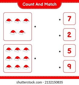 Count and match, count the number of Santa Hat and match with the right numbers. Educational children game, printable worksheet, vector illustration