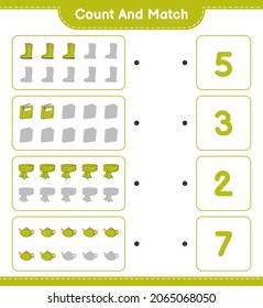 Cuenta y coteja, cuenta el número de Scarf, Book, Rubber Boots, Teapot y concuerda con los números correctos. Juego infantil educativo, hoja de cálculo imprimible, ilustración vectorial