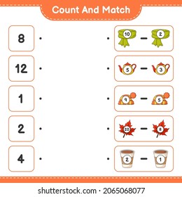 Count and match, count the number of Scarf, Teapot, Hat, Maple Leaf, Coffee Cup and match with the right numbers. Educational children game, printable worksheet, vector illustration
