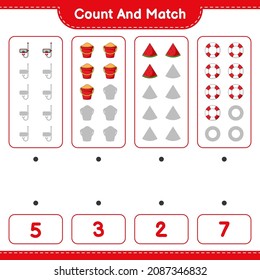 Count and match, count the number of Scuba Diving Mask, Sand Bucket, Watermelon, Lifebuoy and match with the right numbers. Educational children game, printable worksheet, vector illustration