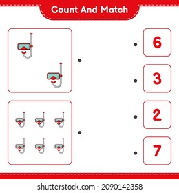 Count and match, count the number of Scuba Diving Mask and match with the right numbers. Educational children game, printable worksheet, vector illustration