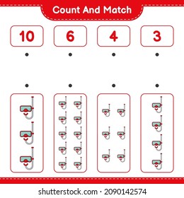 Count and match, count the number of Scuba Diving Mask and match with the right numbers. Educational children game, printable worksheet, vector illustration