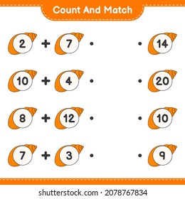 Count and match, count the number of Sea Shells and match with the right numbers. Educational children game, printable worksheet, vector illustration