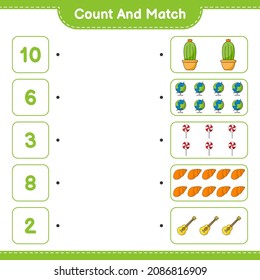 Count and match, count the number of Sea Shells, Ukulele, Cactus, Globe, Candy and match with the right numbers. Educational children game, printable worksheet, vector illustration