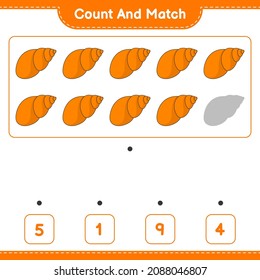 Count and match, count the number of Sea Shells and match with the right numbers. Educational children game, printable worksheet, vector illustration