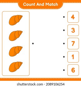 Contar y coincidir, contar el número de conchas marinas y coincidir con los números correctos. Juego infantil educativo, hoja de cálculo imprimible, ilustración vectorial