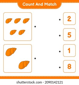 Count and match, count the number of Sea Shells and match with the right numbers. Educational children game, printable worksheet, vector illustration
