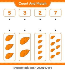 Count and match, count the number of Sea Shells and match with the right numbers. Educational children game, printable worksheet, vector illustration