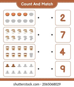 Count and match, count the number of Shiitake, Hat, Pie, Coffee Cup and match with the right numbers. Educational children game, printable worksheet, vector illustration