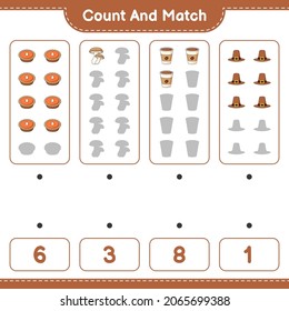 Count and match, count the number of Shiitake, Hat, Pie, Coffee Cup and match with the right numbers. Educational children game, printable worksheet, vector illustration