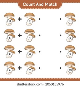 Count and match, count the number of Shiitake and match with the right numbers. Educational children game, printable worksheet, vector illustration