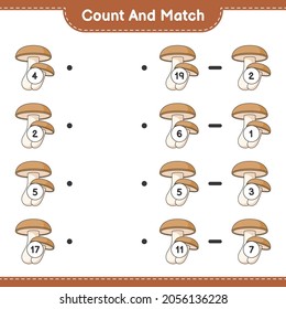 Contar y coincidir, contar el número de Shiitake y coincidir con los números correctos. Juego infantil educativo, hoja de cálculo imprimible, ilustración vectorial