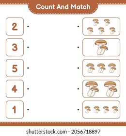 Count and match, count the number of Shiitake and match with the right numbers. Educational children game, printable worksheet, vector illustration