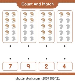 Count and match, count the number of Shiitake and match with the right numbers. Educational children game, printable worksheet, vector illustration
