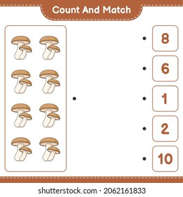 Count and match, count the number of Shiitake and match with the right numbers. Educational children game, printable worksheet, vector illustration