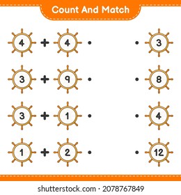 Count and match, count the number of Ship Steering Wheel and match with the right numbers. Educational children game, printable worksheet, vector illustration