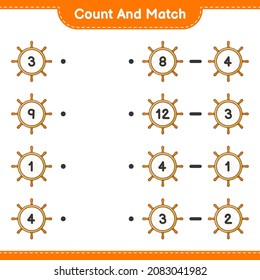 Count and match, count the number of Ship Steering Wheel and match with the right numbers. Educational children game, printable worksheet, vector illustration