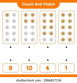 Count and match, count the number of Ship Steering Wheel and match with the right numbers. Educational children game, printable worksheet, vector illustration