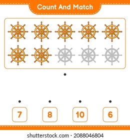 Count and match, count the number of Ship Steering Wheel and match with the right numbers. Educational children game, printable worksheet, vector illustration