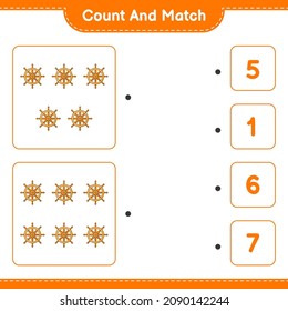 Count and match, count the number of Ship Steering Wheel and match with the right numbers. Educational children game, printable worksheet, vector illustration
