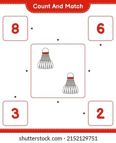Zählen Sie die Anzahl von Shuttlecock und stimmen Sie mit den richtigen Zahlen überein. Kinderspiel, druckbares Arbeitsblatt, Vektorgrafik