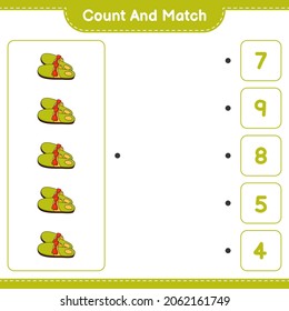 Contar y coincidir, contar el número de Zapatillas y coincidir con los números correctos. Juego infantil educativo, hoja de cálculo imprimible, ilustración vectorial