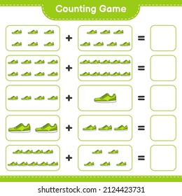 Contar y coincidir, contar el número de Sneaker y coincidir con los números correctos. Juego infantil educativo, hoja de cálculo imprimible, ilustración vectorial