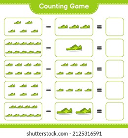 Contar y coincidir, contar el número de Sneaker y coincidir con los números correctos. Juego infantil educativo, hoja de cálculo imprimible, ilustración vectorial