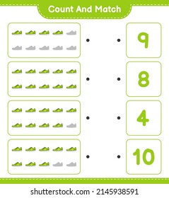 Contar y coincidir, contar el número de Sneaker y coincidir con los números correctos. Juego infantil educativo, hoja de cálculo imprimible, ilustración vectorial