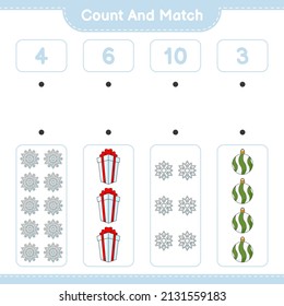 Count and match, count the number of Snowflake, Christmas Ball, Gift Box and match with the right numbers. Educational children game, printable worksheet, vector illustration
