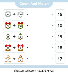 Count and match, count the number of Snowflake, Gift Box, Tree, Christmas Bell, Gingerbread Man and match with the right numbers. Educational children game, printable worksheet, vector illustration