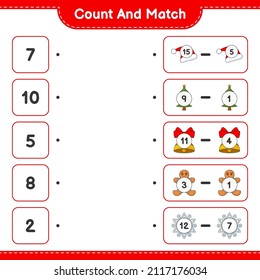 Count and match, count the number of Snowflake, Hat, Tree, Bell, Gingerbread Man and match with the right numbers. Educational children game, printable worksheet, vector illustration